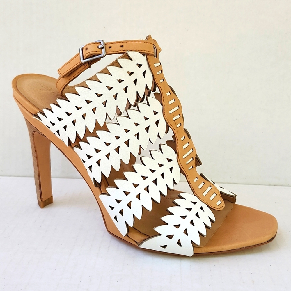 ANTHROPOLOGIE EIGHT FIFTEEN BONFIRE LEATHER LASER CUT ANKLE STRAP HEELED SANDALS